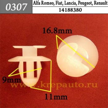 0307 Автокрепеж Alfa Romeo, Fiat, Lancia, Peugeot, Renault Отделка дверей ОЕМ 14188380